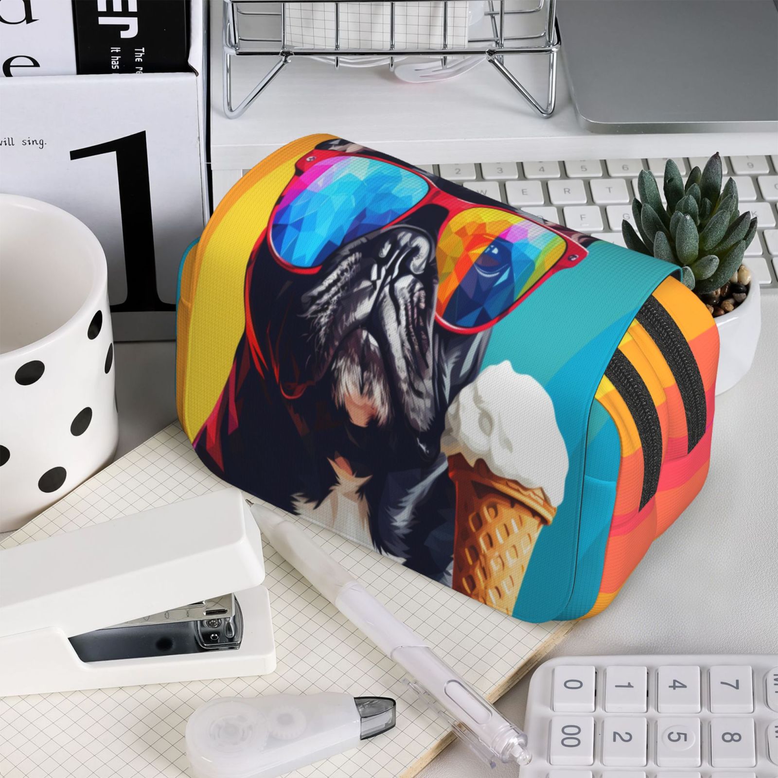 Rateoe Rainbow Bulldog Sunglasses Pattern Double Clamshell Pen Case, Storage Organizer with Two Zipper Compartments– Holds Up to 50 Pencils & Pens