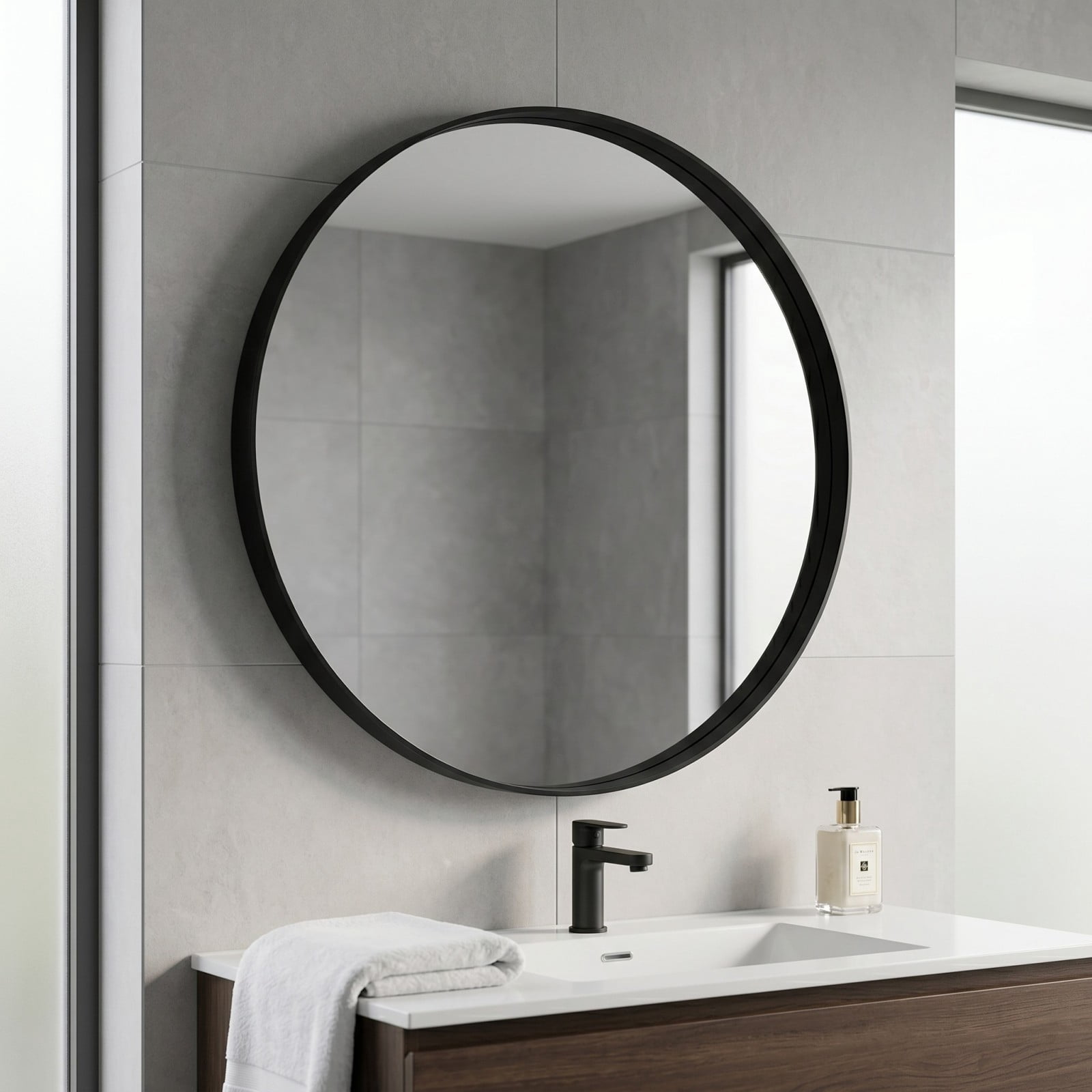 GRAHMCY 30" Round Bathroom Mirror Vanity Wall Mounted Mirror with Deep Frame, Black