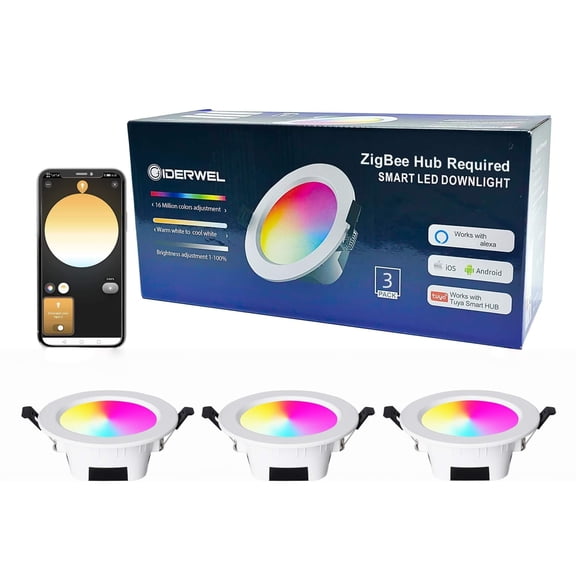 12W Smart ZigBee Retrofit Recessed 5/6 Inch LED Downlight 3 Pack RGB Color Changing, 1%-100% Brightness, Alexa & Google Compatible, Hub App Control, Pure White Option