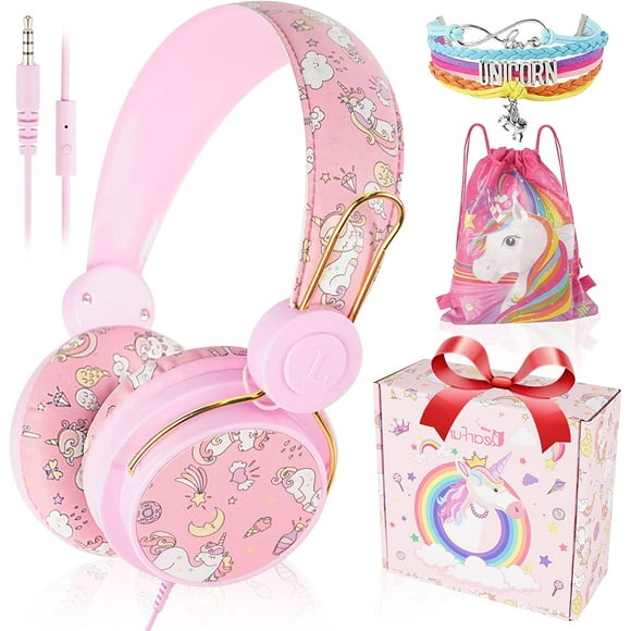 TCJJ Unicorn Headphones for Girls Kids for School, Kids Wired Headphones with Microphone & 3.5mm Jack, Teens Toddlers Noise Cancelling Headphone with Adjustable Headband for Tablet/Smartphones