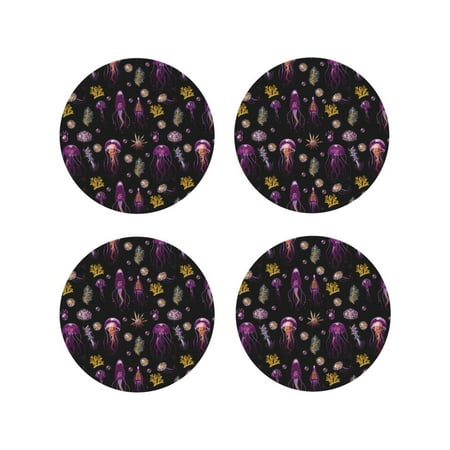 

Leather Coasters Set of 4 - Yellow Coral Purple Jellyfish Lightweight Non-Slip Drink Coasters for Desk Anti-Scalding Desk Cup Coasters for Office Table Decor Round Shape