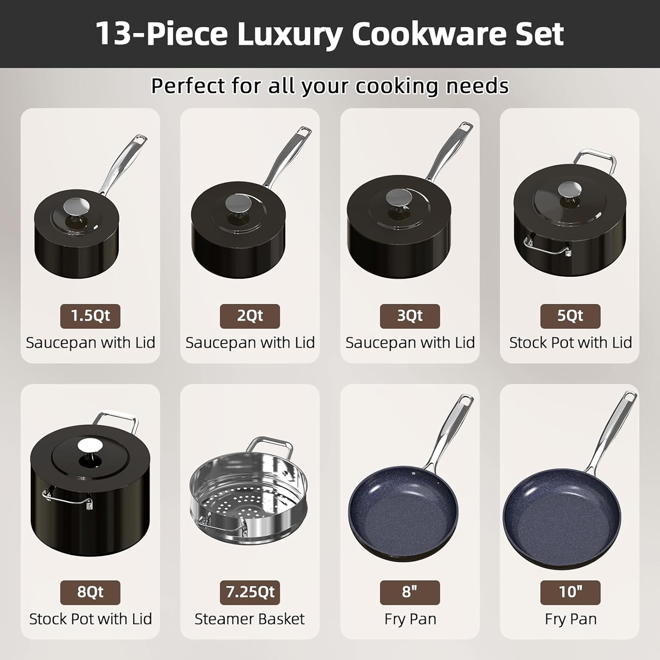 Nuwave Lux Pots and Pans Set Ultra Nonstick, Healthy G10 Duralon Ceramic Coating 13pc Forged Lightweight Cookware Set, Stay-Cool Handles, Works on All Cooktops & Oven, Black Coffee