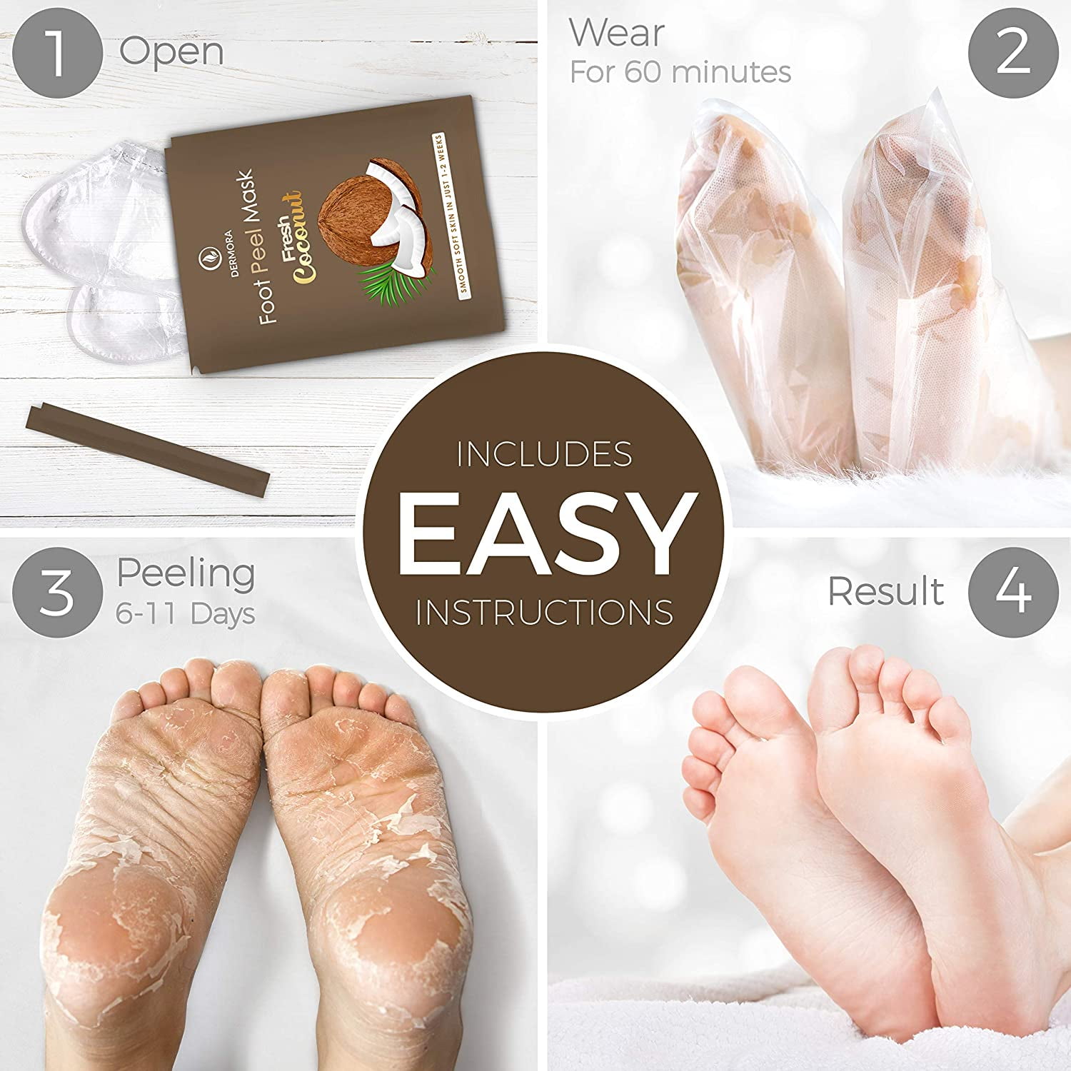 Coconut Foot Peel Mask -4 Pack - for Cracked Heels, Dead Skin Calluses - Make Your Feet Baby Soft Get Smooth Silky Skin - Removes Rough Heels Dry Skin - Natural Treatment