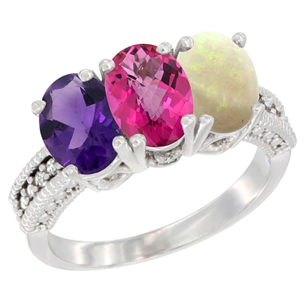 10K White Gold Natural Amethyst, Pink Topaz & Opal Ring 3-Stone Oval 7x5 mm Diamond Accent, sizes 5 10 by WorldJewels