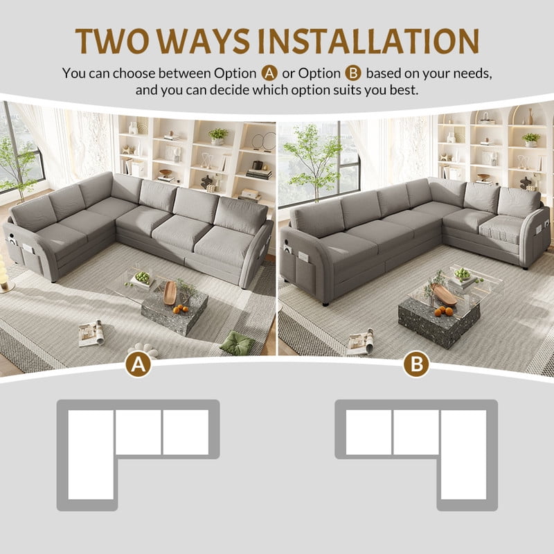 L-Shaped Sectional Sofa with Pull Out Bed, 115.2'' Convertible Sleeper Sofa with Reversible Chaise, USB Charging Ports & Side Pockets, Oversized 6-Seat Sofa Couch for Living Room