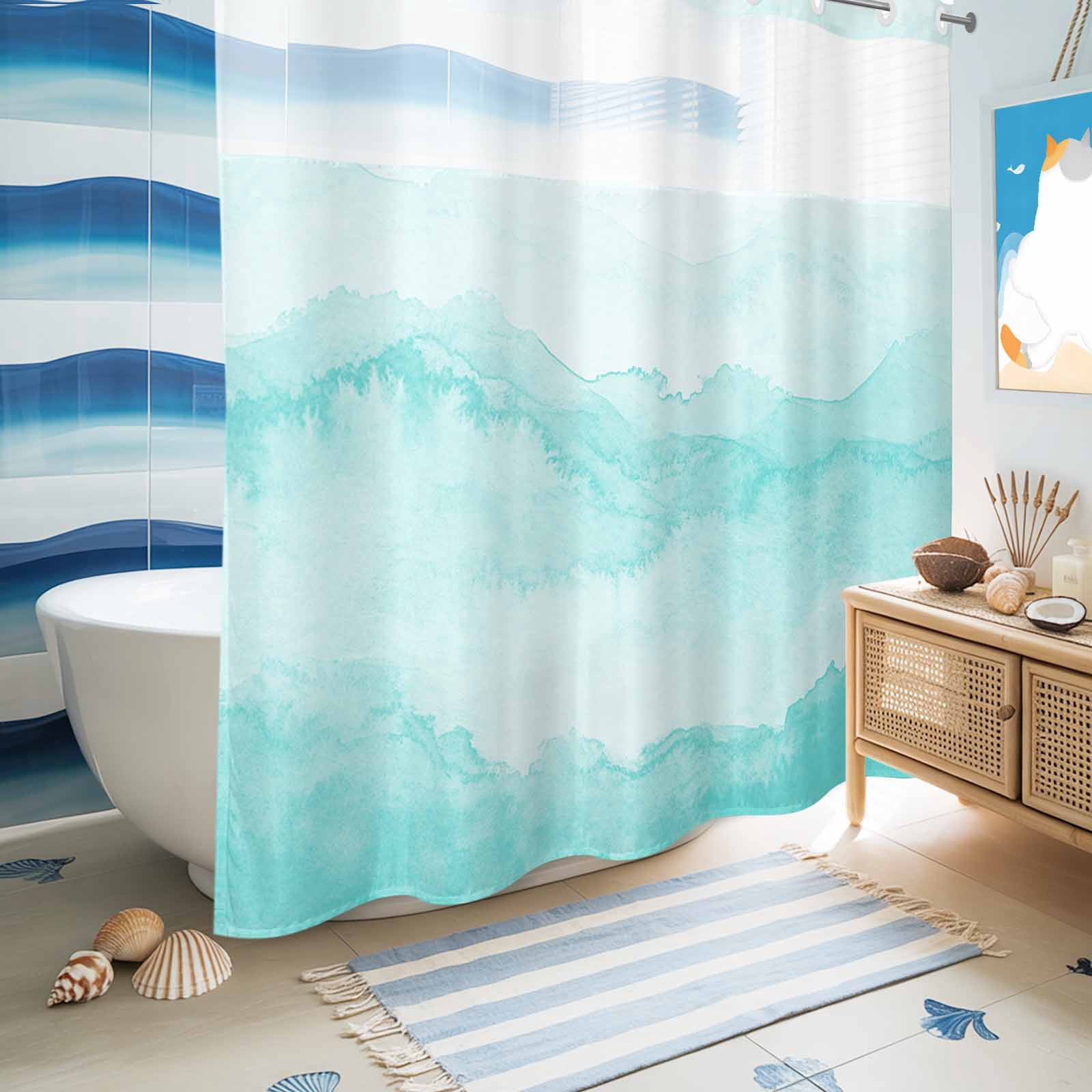 No Hook Shower Curtain Turquoise Mountain Shower Curtain for Bathroom Ombre Abstract Natural Bath Curtains Waterproof Fabric with See Through Top Window for Spa Hotel 72x72 Inch