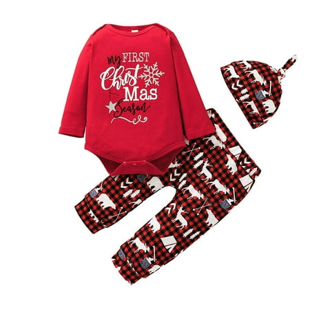 

BIZIZA Outfit Set for Baby Long Sleeve 3-Piece Bodysuit Letter Print Pants Hat 0-2Y Toddler Deep Red 80