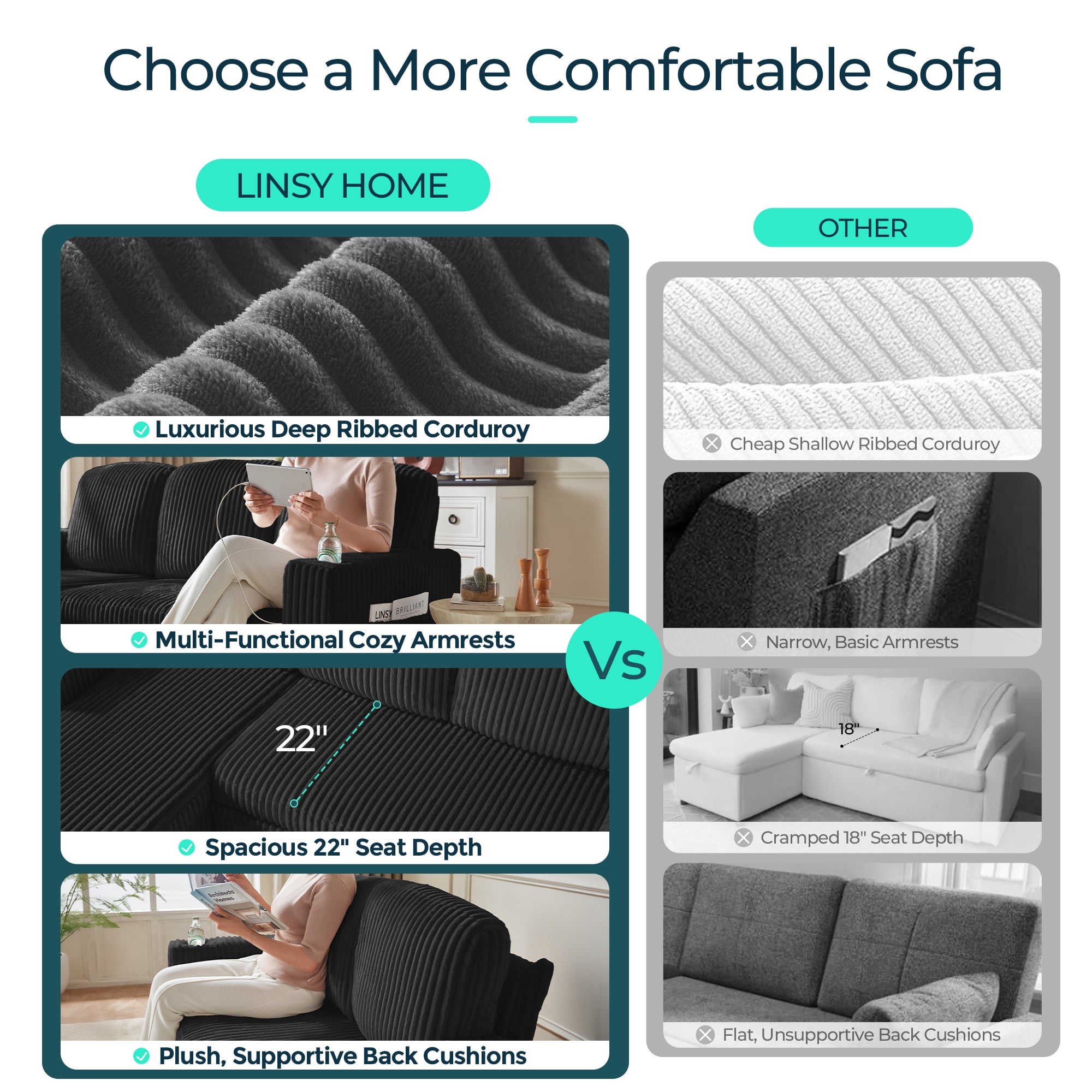 LINSY HOME 6 Seaters Sectional Sleeper Sofa with Pull Out Bed, Modular Sectional Sofa with with USB & Cup Holder for Living Room, Black