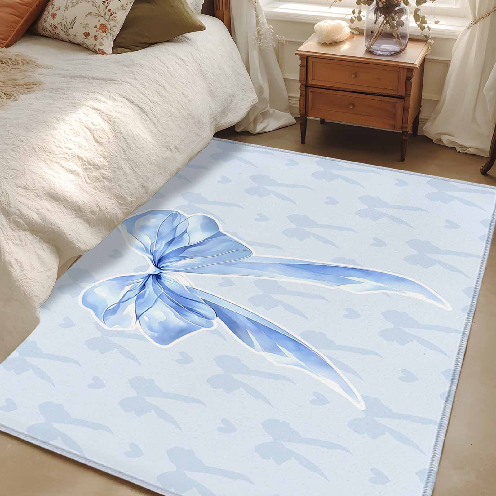Cute Bow Area Rugs 4'x6', Washable Small Throw Rugs for Office Bathroom, Blue Bowknot Minimalist Solid Color Indoor Outdoor Rug Non-Slip Low Pile Carpet Runner Reversible Floor Mats