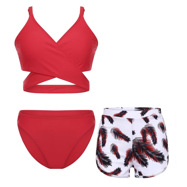 RUNQHUI Ensemble Bikini 3 Pcs pour Filles Soutien-Gorge Croisé avec Short Imprimé Maillots de Bain Rouge 8-9 Ans