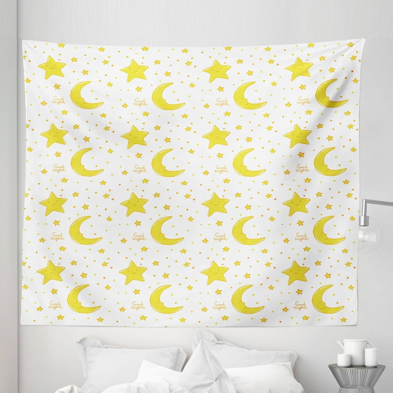 Yellow and White Tapestry Sleeping Crescent Moon and Stars Pattern Night Time Cartoon Illustration Fabric Wall Hanging Decor for Bedroom Living Room Dorm 5 Sizes Yellow White by Ambesonne Walmart