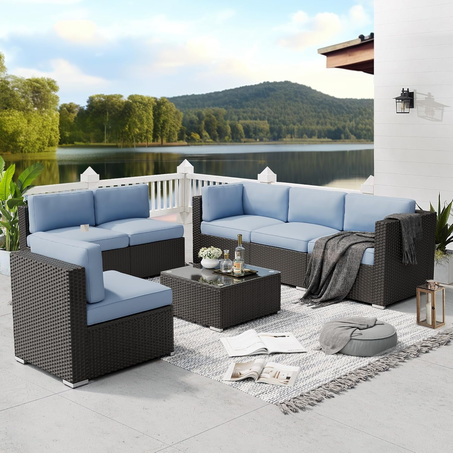 SUNCROWN 7-Piece Outdoor Patio Furniture Sofa Set All-Weather Black Wicker Sectional Conversation Set with Modern Glass Coffee Table and Cushions-Light Blue