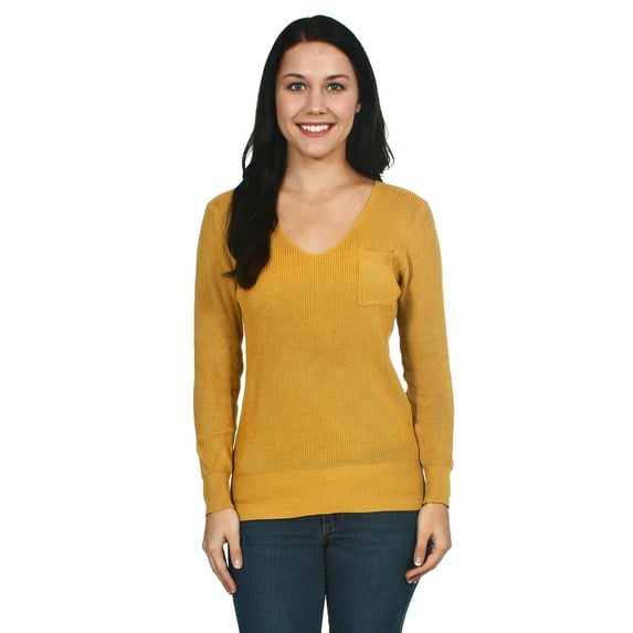 Simplicity Women's V-Neck Long Sleeve Knit Pullover Sweater, Mustard yellow