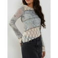 thumbnail image 3 of Women's Lace Patchwork Tops Long Sleeve Boat Neck Floral Print Asymmetrical Hem Blouse, 3 of 8