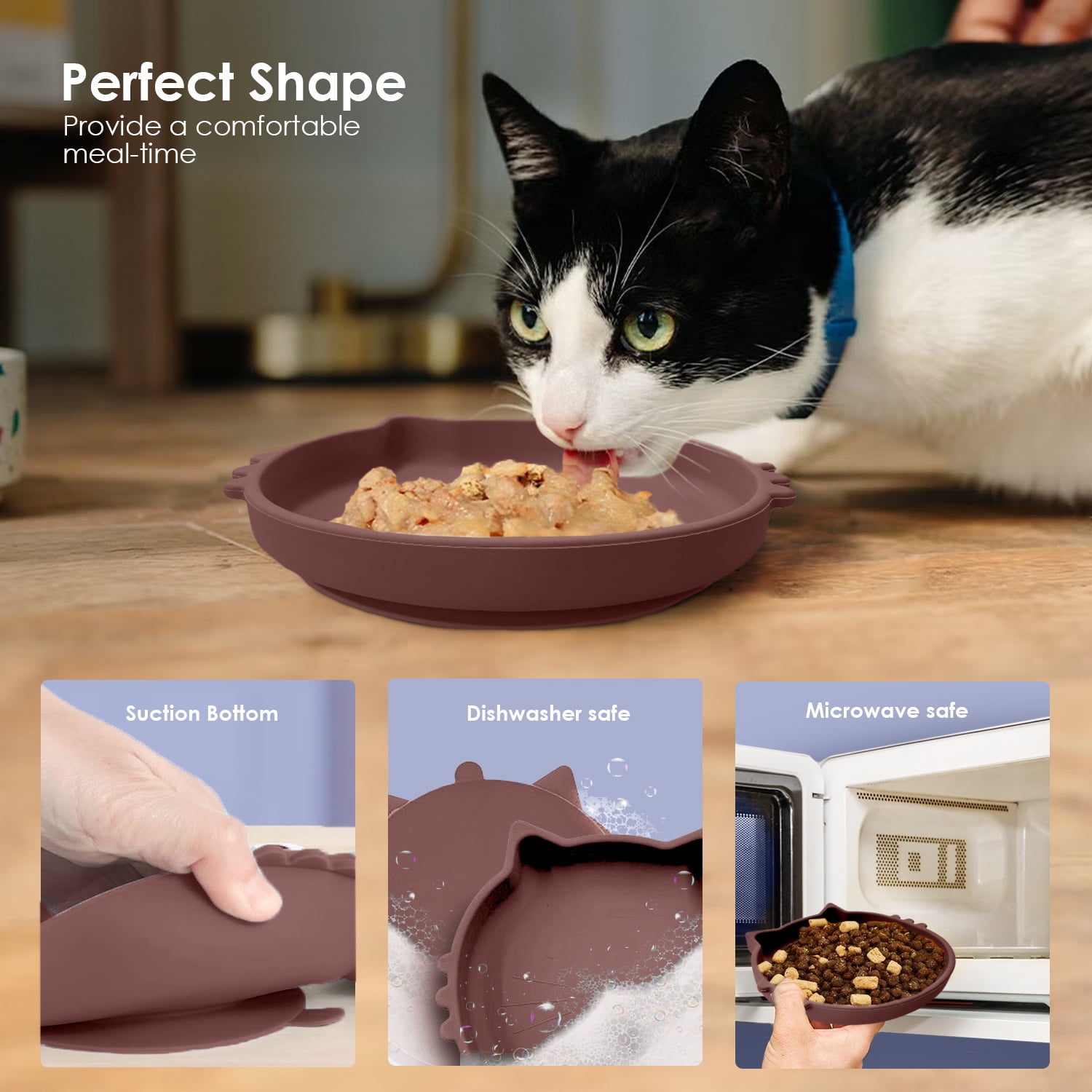 P.T. Supply Co. Brown Cat Shaped Silicone Pet Bowl with Non-Slip Suction Base