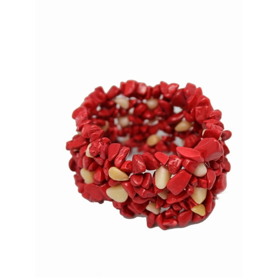 Red With Tan Stone Bead Stretch Bracelet