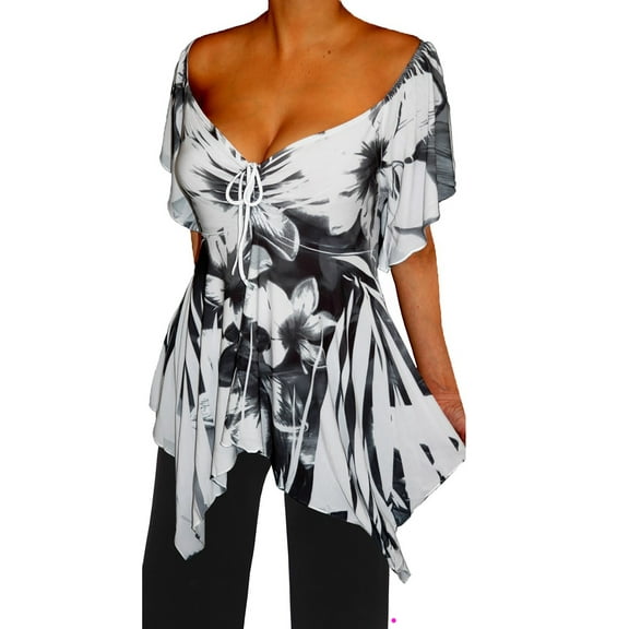 Funfash Women's Plus Size Floral Slimming Empire Waist Short Sleeves Blouse - XL