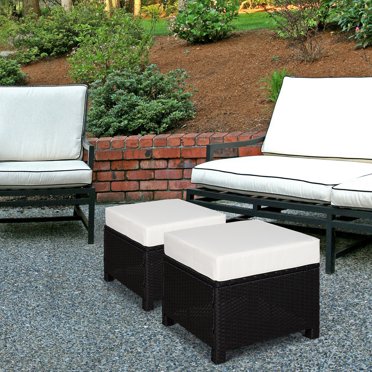 Outsunny 2 Pc 20" Outdoor PE Rattan Ottoman Set, Dark Brown, White ...
