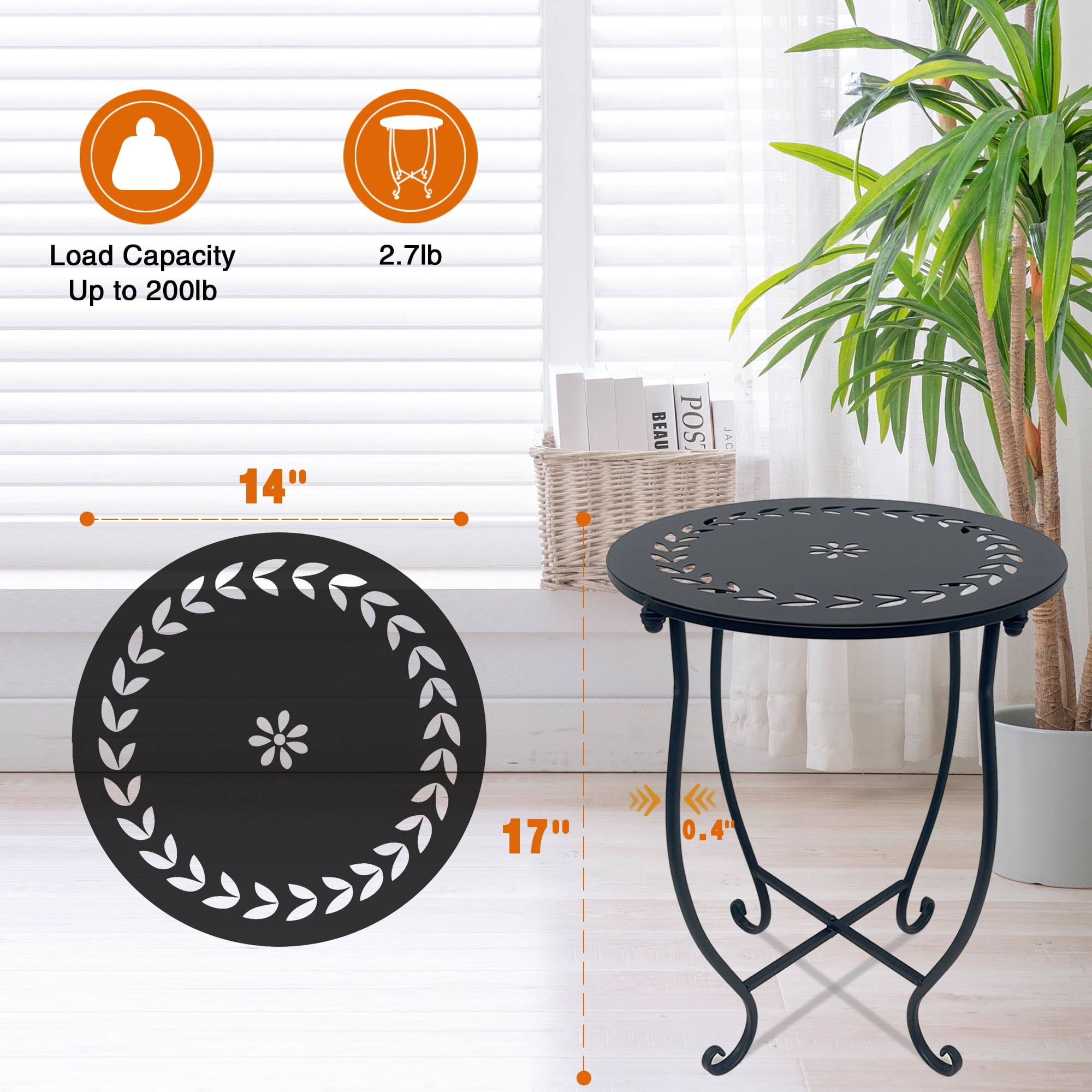KABB 17-Inch Tall 14 inch Round End Table, Unique Relief Ceramic Tile Tabletop, Metal Scrollwork Accent, Black