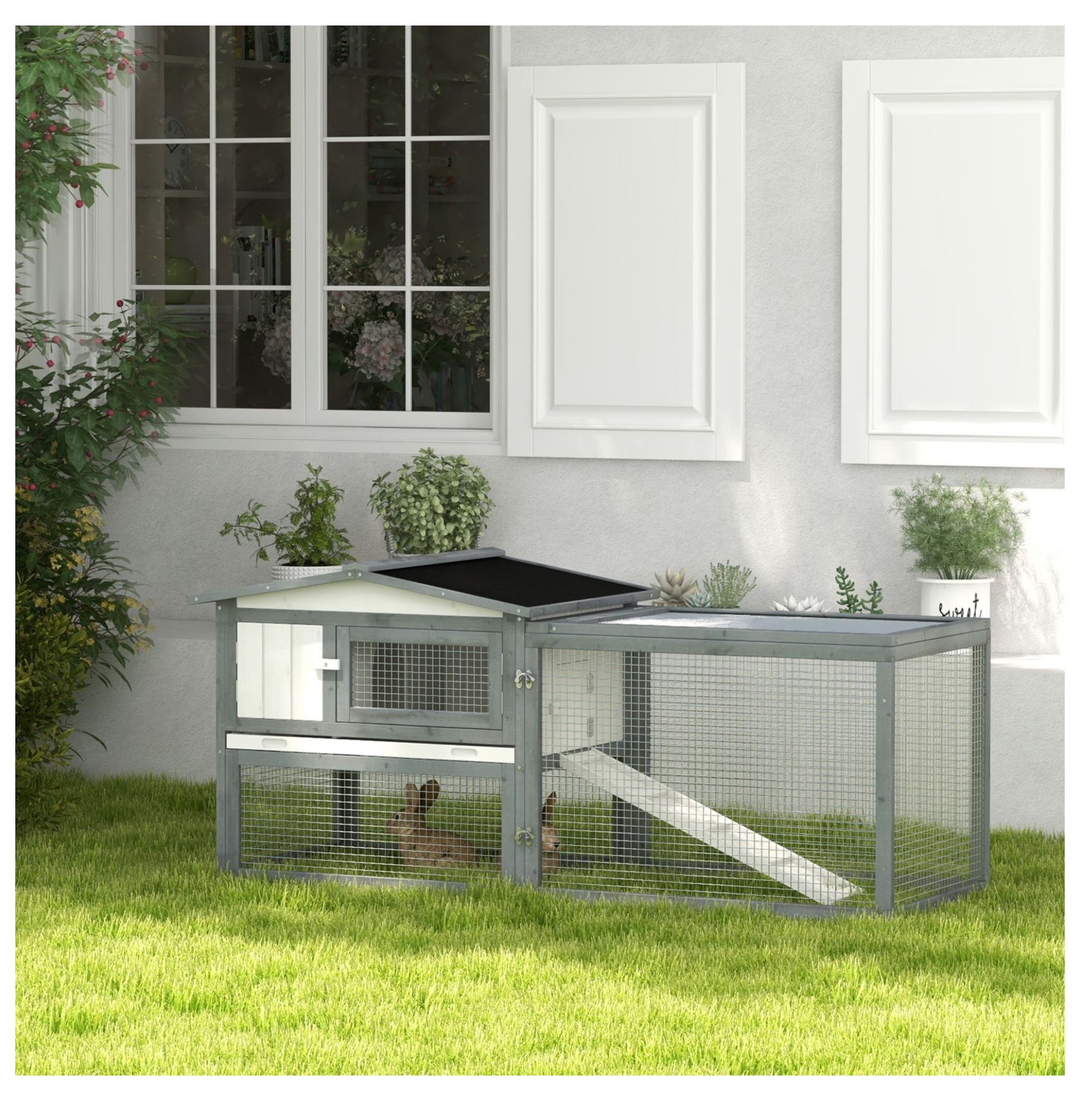 Rabbit Cage Outdoor, Spacious Outdoor Rabbit Hutch 61" Guinea Pig Cage with Run Feeding Trough Asphalt Roof White