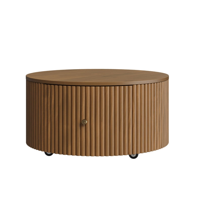 30.3'' Round Fluted Design Coffee Table with Rolling Casters & Dual Hidden Storage Drawers, Drum Base Center Cocktail Table
