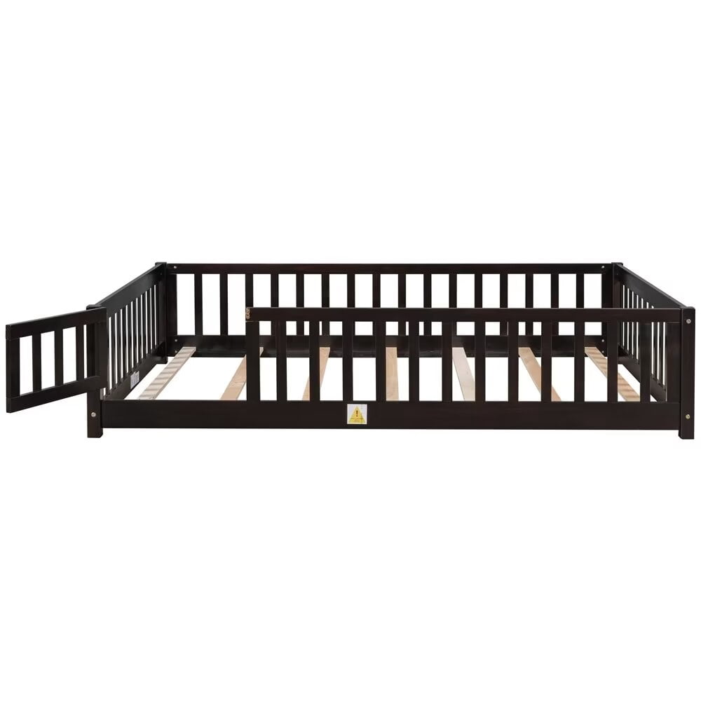 Full Size Floor Bed Frame for Kids Toddlers, Wooden Montessori Bed with 7 Wood Slats, Fence-Shaped Guardrails and Door for Boys Girls Bedroom Playroom, No Box Spring Needed, Espresso