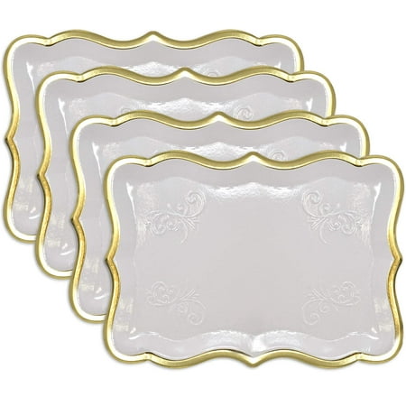 10 White Rectangle Trays with Gold Rim Border for Elegant Dessert Table Serving Parties 9" X 13 ...