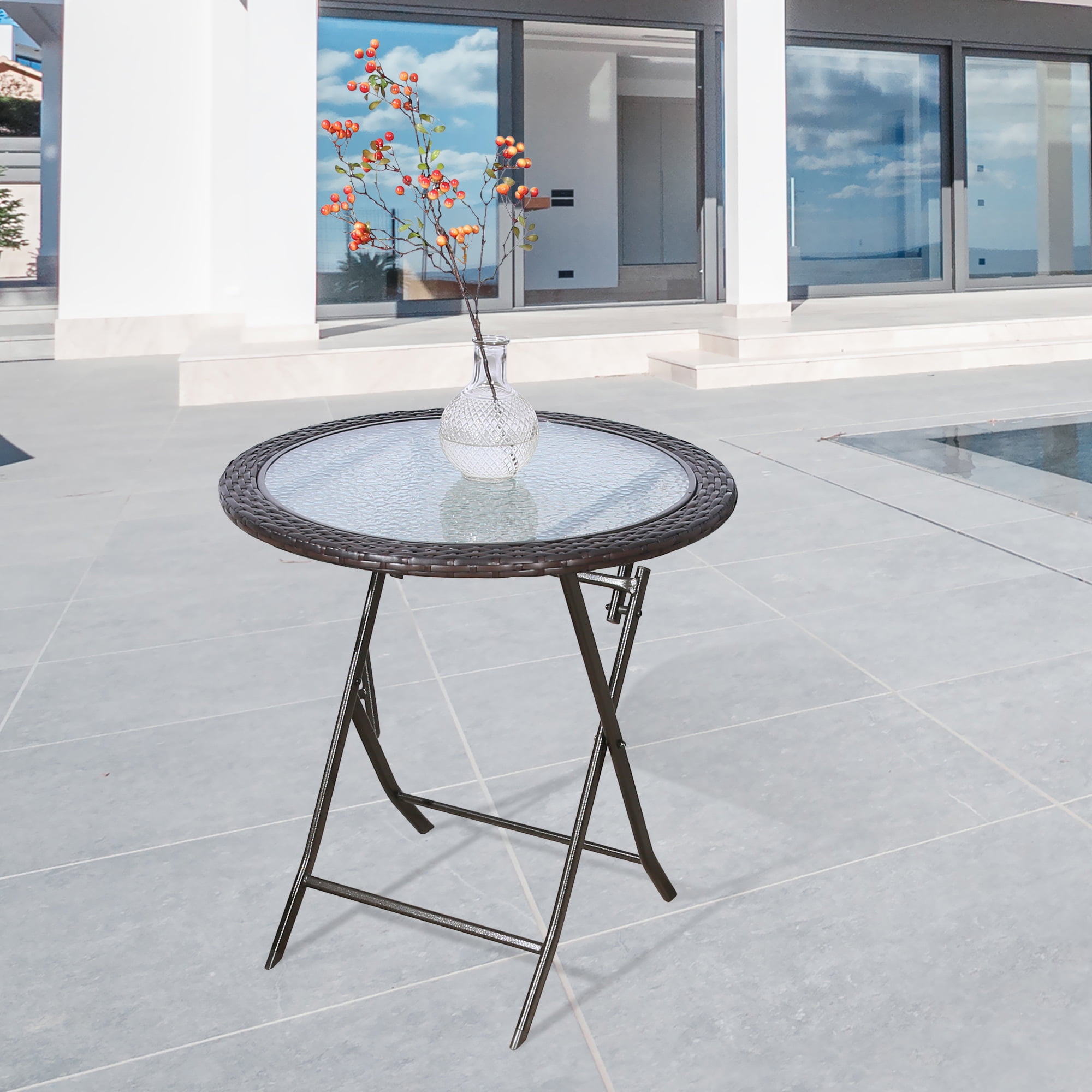 Ulax Furniture Patio Wicker Folding Bistro Table Tempered Glass Table
