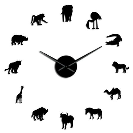 Elephant Horse African Animals Self Adhesive 3D DIY Wall Clock Camel Lion Land Animals Mute Zoo Wall Decor Creative Clock Watch(Black,27inch)