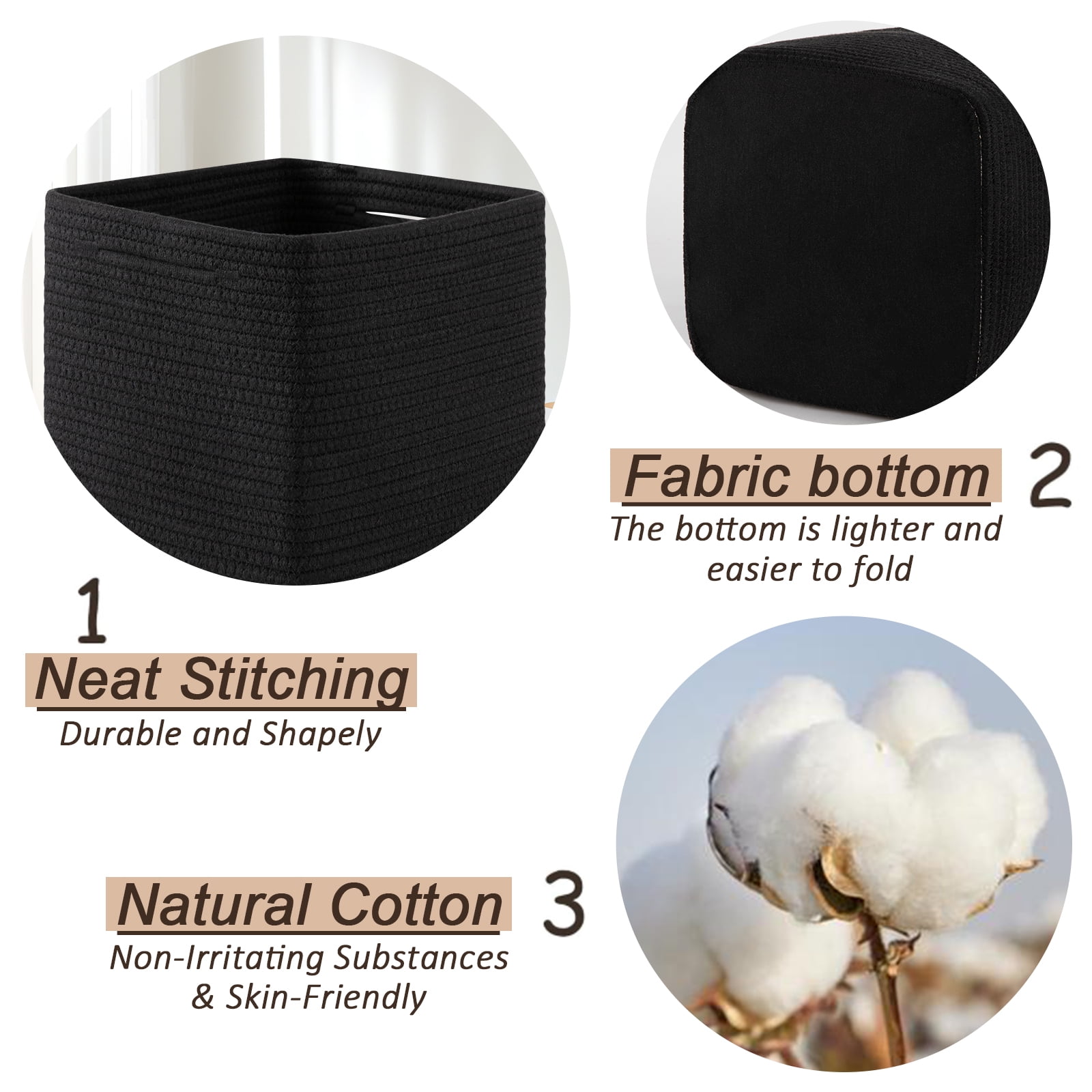 CHERISHGARD 3 Pieces Cube Storage Baskets，Square Woven Rope Basket，Square Baskets for Organizing