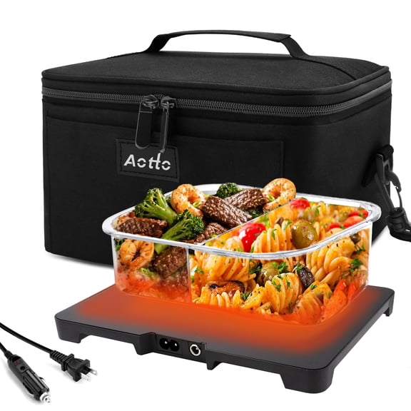 Aotto Portable Oven, 12V, 24V, 110V Portable Food Warmer, Mini Personal Microwave Heated Lunch Box for Work Reheating and Cooking Meals in Truck, Vehicle, Travel, Camping, Picnic, Black