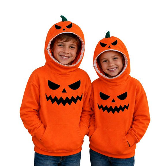 RMGVDSD Girls Halloween Pumpkin Hoodies for Kids Cute Hooded Sweatshirt Graphic Orange Pullover Tops with Pocket Comfy Fall Clothes Daily Comfort Wear 8-9 Years