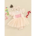 thumbnail image 2 of Bagilaanoe Newborn Baby Girl Summer Rompers Dress Letter Embroidery Fly Sleeve Bodysuits + Headband 6M 12M 18M Infant Patchwork A-line Dresses, 2 of 8