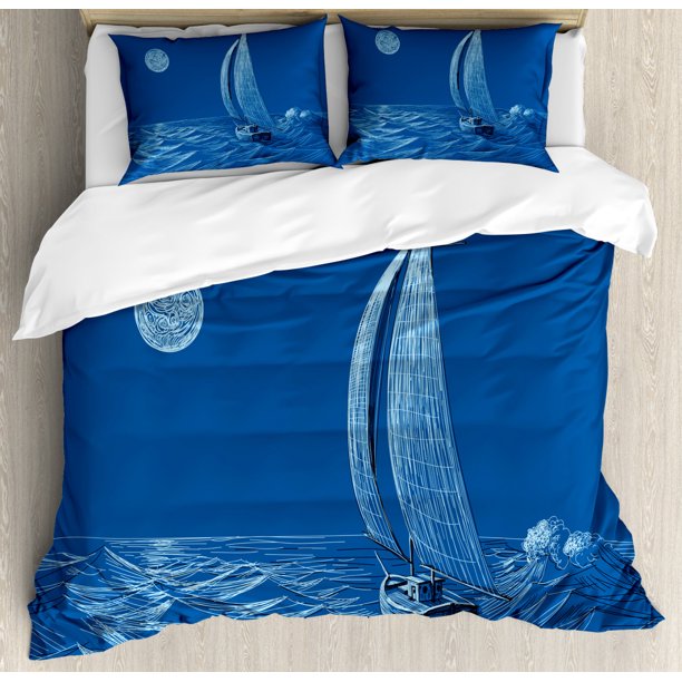 Vintage Boat King Size Duvet Cover Set, Ship Sailing to the Ocean