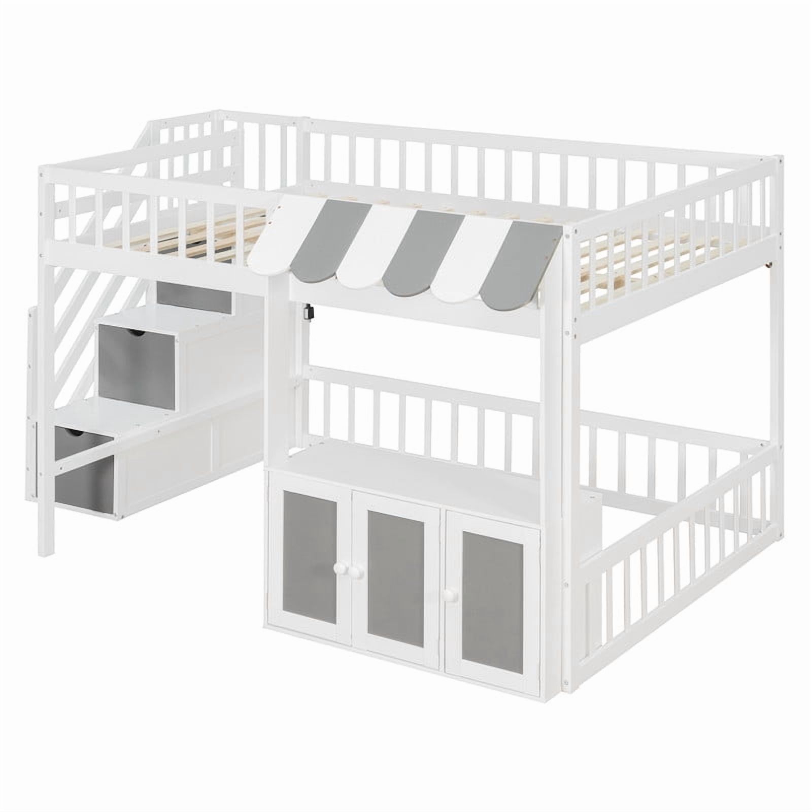 Full Size Playhouse Kids Loft Bed with Eaves Design, Wood Child Bed Frame with Storage Staircase, LED Light & Under Bed Cabinets