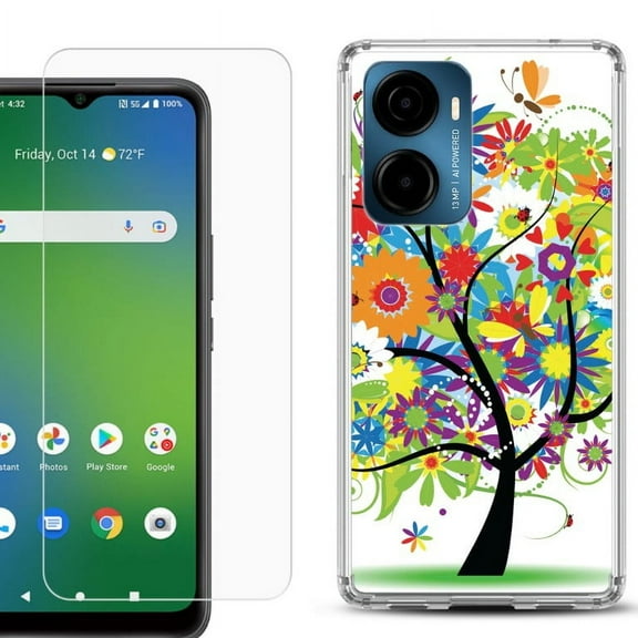 For AT&T Propel 2 5G Phone Case Cover, Shockproof Bumper Hybrid Case with Tempered Glass Screen Protector, by OneToughShield - Colorful Tree
