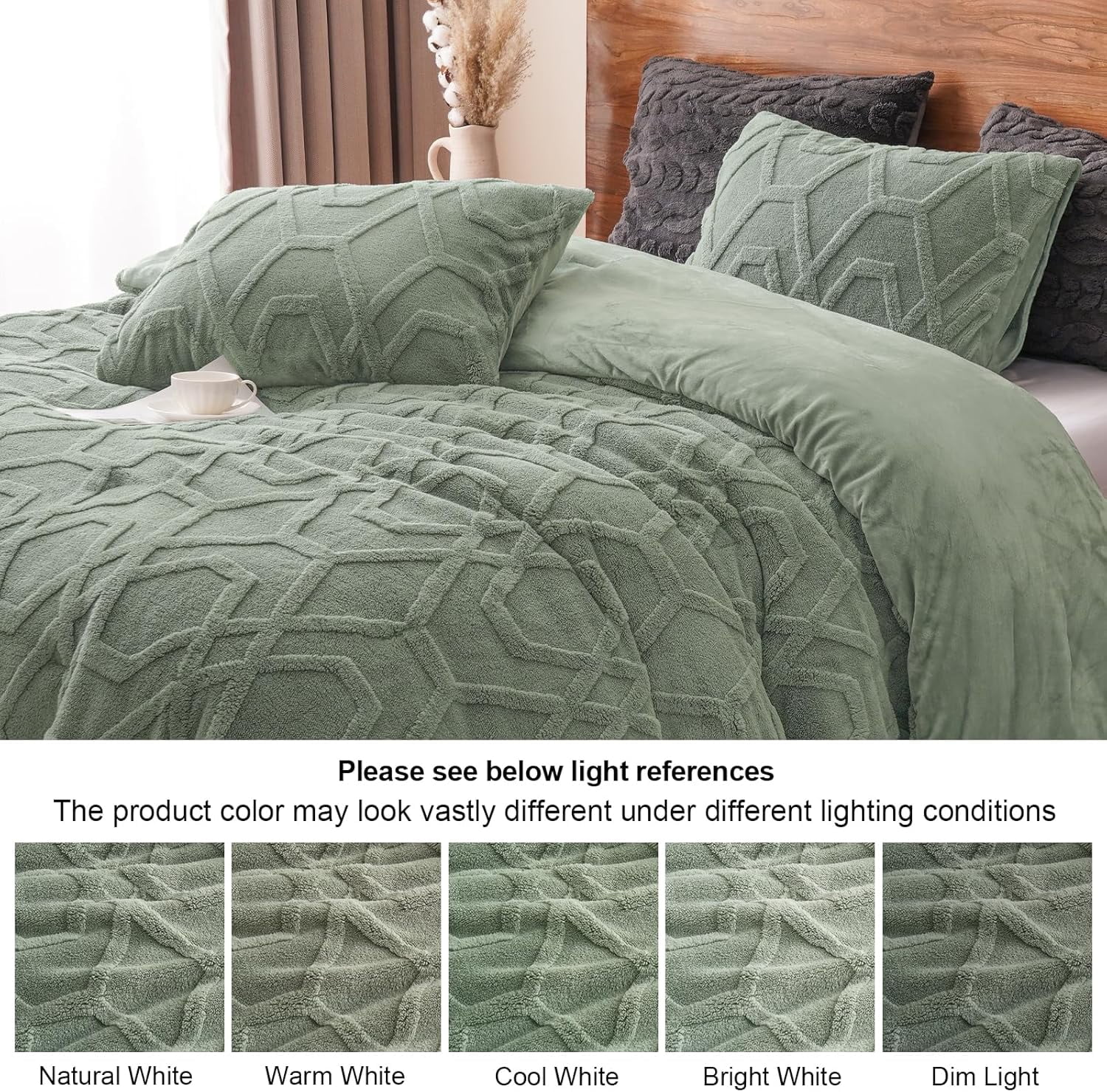 PHF Warm Sherpa Fleece Twin Comforter Set, 3D Tufted Fluffy Sage Green Bedding for Winter, Soft 2 Pieces Shaggy Bed Set, 1 Comforter (68"x90") and 1 Pillowcase (20"x26")