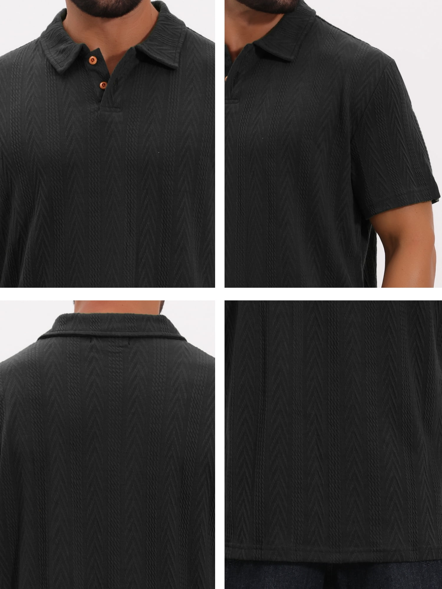 DARING DIVA Men's Jacquard Short Sleeve Button Down Collared Polo Shirts L Black