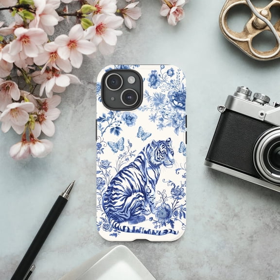 Blue Toile Tiger Tough Phone Case for Apple iPhone – Dual-Layer Polycarbonate & TPU Protective Cover