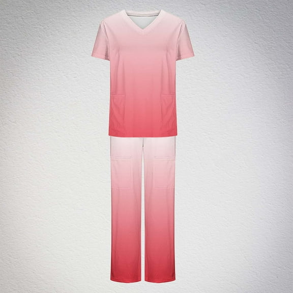 Ndbuld Scrub Set for Women V-Neck Scrub Top & Jogger Pants Spring And Summer Solid Woman Print Short Sleeve V-Neck T Shirts Top And Long Pants Working Set Suit,Red,S