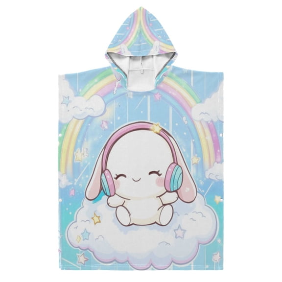 Kid Hooded Beach Towel Bath Poncho Towels Soft Absorbent Quick Dry for Boy Girl Cinnamoroll Sit on Cloud Wear Headphone S