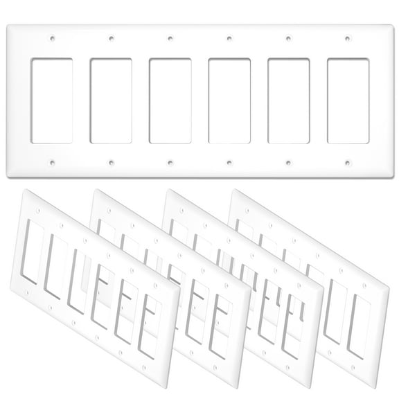 [5 Pack] NEU 6-Gang Mid-Size Decorator Light Switch Outlet Cover Wall Plates, 12" x 4.75", Unbreakable Polycarbonate Thermoplastic, Glossy White