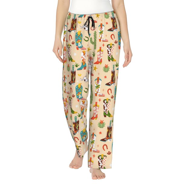 Fotbe Groovy American Western Footwear Pantalones de Pijama para Mujer, Pantalones de Dormir, Pantalones Pj con Cordón y Bolsillos-Small
