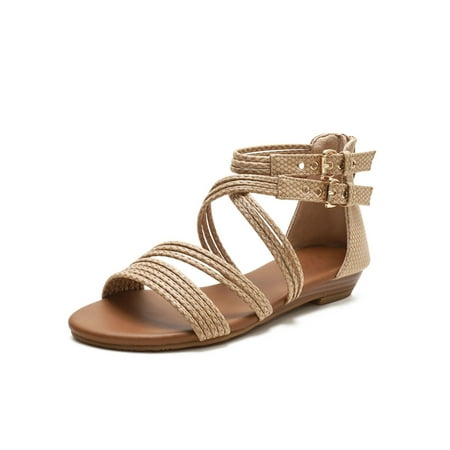 

Rotosw Ladies Dress Shoe Ankle Strap Flat Sandal Strappy Sandals Comfort Open Toe Casual Shoes Walking Lightweight Flats Apricot 7