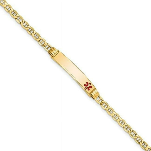Primal Gold 14 Karat Yellow Gold Semi-solid Medical Red Enamel Anchor Link ID Bracelet