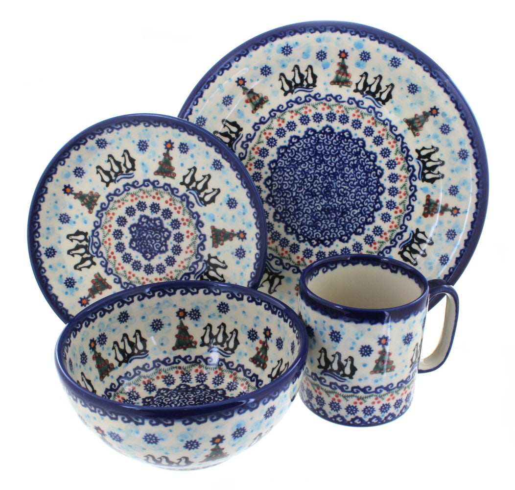 Polish Pottery Arctic Holidays 4 Piece Dinner Set