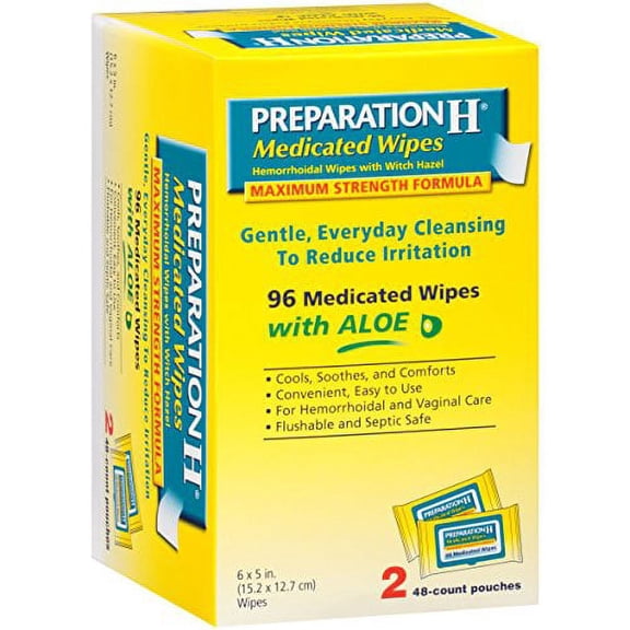 2 Pk Preparation H Medicated Hemorrhoidal Wipes w/ Witch Hazel and Aloe 96 Ct Ea
