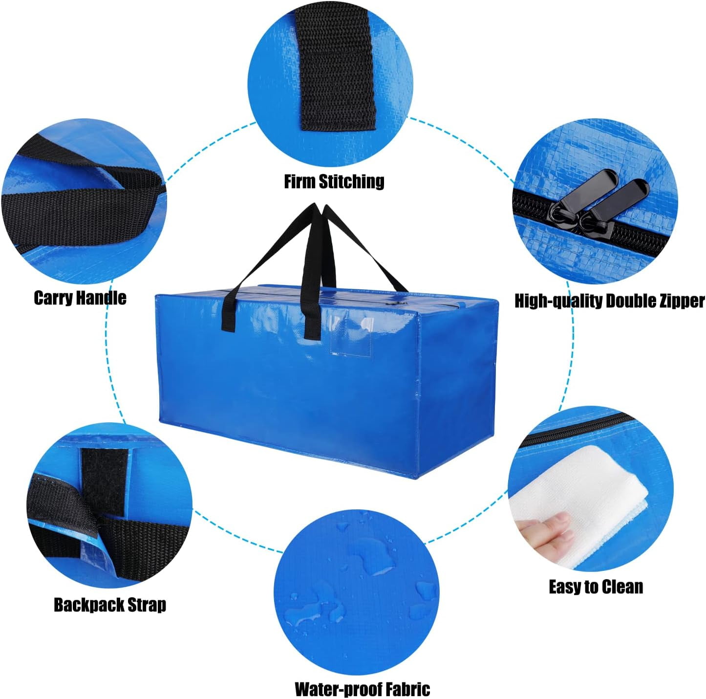 4 Pack Moving Bags Heavy Duty Extra Large, Blue Moving Totes Bag with Zippers Backpack Handles for Clothes, Moving Boxes Dorm College Packing Supplies