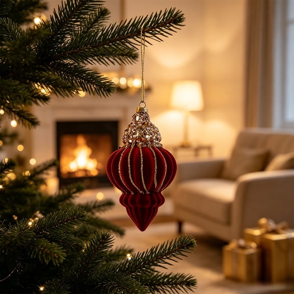 Wine Red Velvet Finial Christmas Tree Ornaments - Christmas Burgundy Velvet Pendants Shatterproof Flocked Hanging Ornaments Decorations for Xmas Tree Winter Holiday Wedding Party Decor