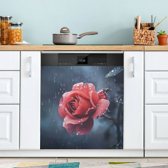 Dishwasher Sticker Dishwasher Cover Magnet Refrigerator Home Decorative Art Kitchen Panel Decal Red Roses Blooming in The Rain 23x26 Inch